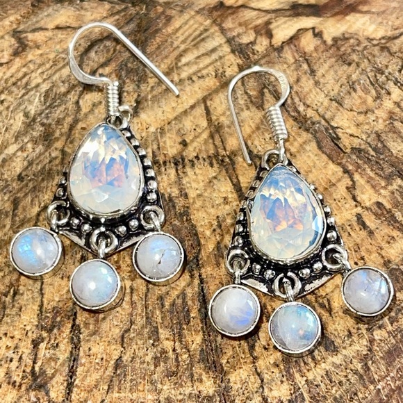 Rainbow Moonstone & Synthetic Opalite Earrings 1 1/2” - Picture 9 of 12